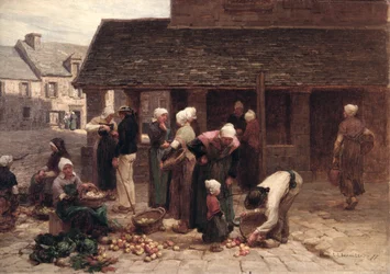 La piazza del mercato di Ploudalmézeau, Bretagna, 1877